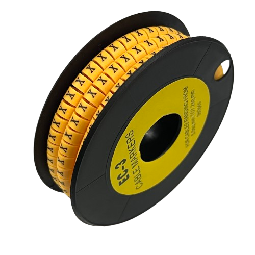 Grippes Cable Marker X - Yellow spool of adhesive cable markers with black X print for cable management