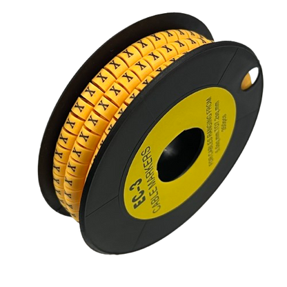 Grippes Cable Marker X - Yellow spool of adhesive cable markers with black X print for cable management