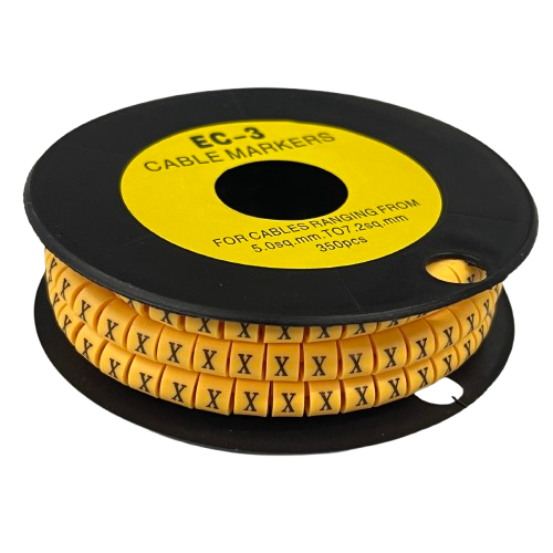 Grippes Cable Marker X - Yellow spool of flexible cable markers with repeated black X labels for wire organization