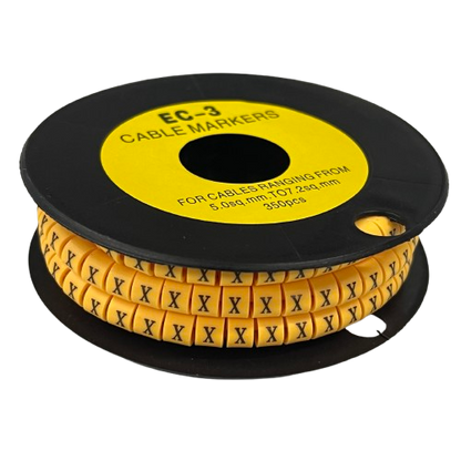 Grippes Cable Marker X - Yellow spool of flexible cable markers with repeated black X labels for wire organization