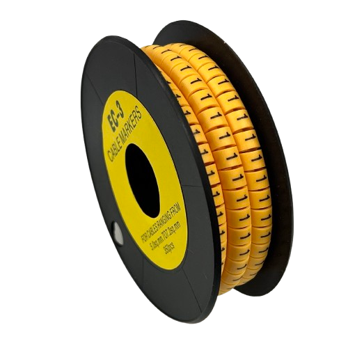 Reel of segmented plastic Cable Marker Yellow 1 rings on black spool for cable management