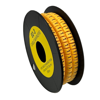 Reel of segmented plastic Cable Marker Yellow 1 rings on black spool for cable management