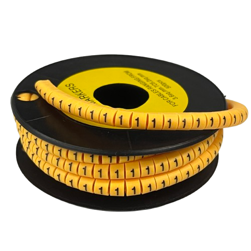 Grippes Cable Marker Yellow - 1 on black spool showing yellow numbered cable markers for wire identification