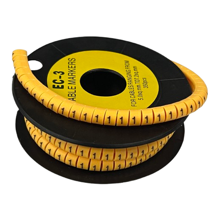 Spool of segmented yellow cable markers with printed number 1 for wire identification and labeling Cable Marker Yellow 1