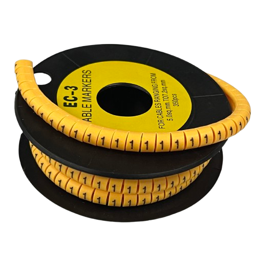 Spool of segmented yellow cable markers with printed number 1 for wire identification and labeling Cable Marker Yellow 1