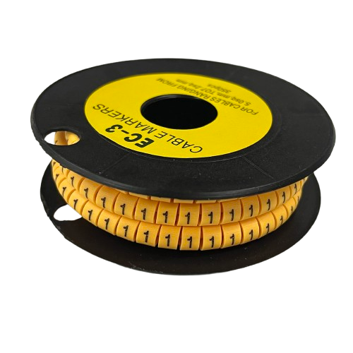 Spool of Cable Marker Yellow 1 numbered cable markers on black reel for cable management and labeling
