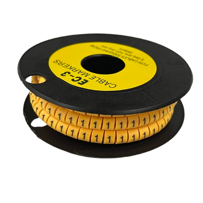Spool of Cable Marker Yellow 1 numbered cable markers on black reel for cable management and labeling