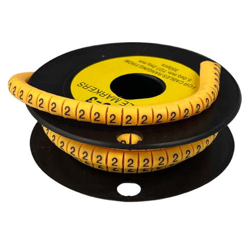 Cable Marker Yellow 2 on a black spool showing flexible yellow numbered markers for cable identification and organization