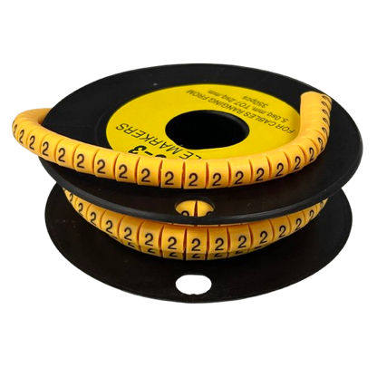 Cable Marker Yellow 2 on a black spool showing flexible yellow numbered markers for cable identification and organization