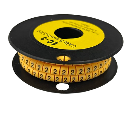 Spool of yellow numbered cable markers showing repeated 2 labels Cable Marker Yellow 2 for wiring organization