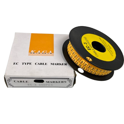 China made Cable Marker Yellow 2. spool of yellow numeric cable markers on black reel with white box packaging