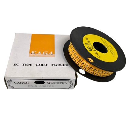 China made Cable Marker Yellow 2. spool of yellow numeric cable markers on black reel with white box packaging