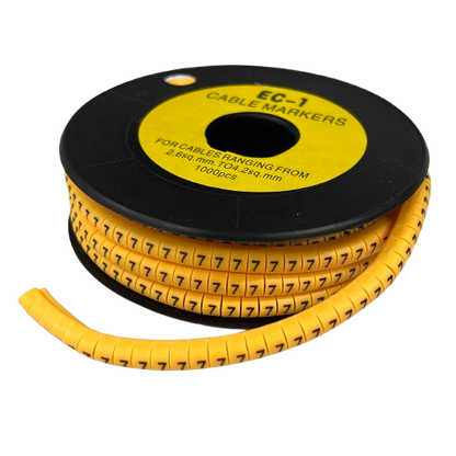 Cable Marker Yellow -7 reel of flexible wraparound cable management markers with repeated number 7