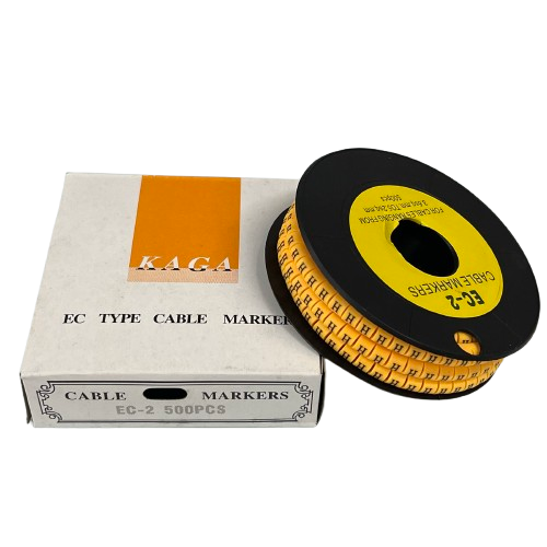 Grippes Cable Marker - Yellow 8 spool of printed cable labels on black reel beside white storage box