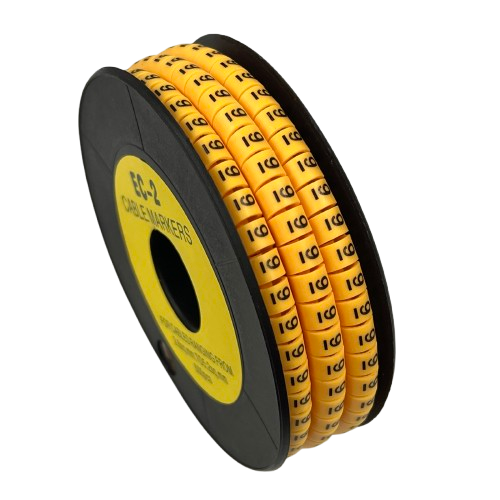 Grippes Cable Marker Yellow - 9 on black spool showing multiple yellow numeric markers for cable organization