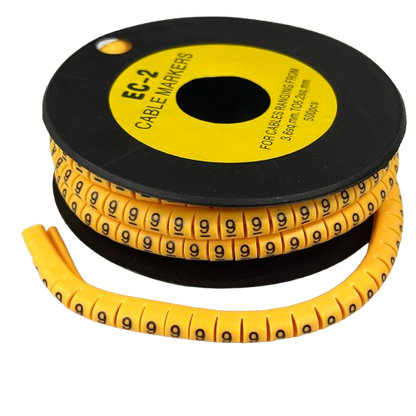 Grippes cable management spool of numeric markers showing Cable Marker Yellow - 9 printed repeatedly for wire identification