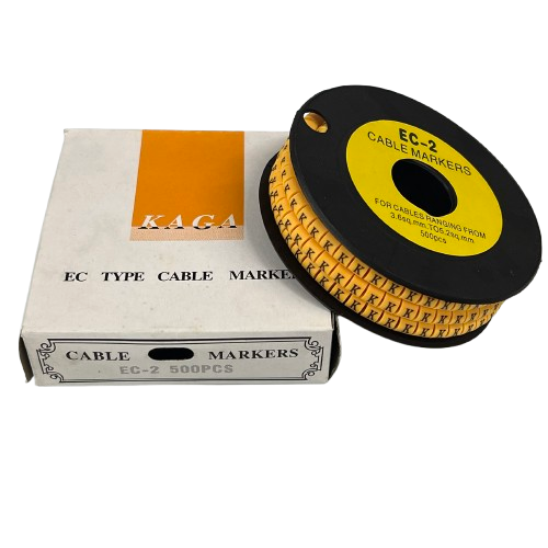Grippes EC-2 spool of yellow cable markers with repeated K letters on reel next to white box Cable Marker Yellow - K