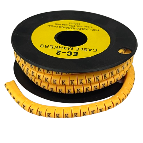 Grippes spool of Cable Marker Yellow - K spiral cable ID markers showing repeated K letters
