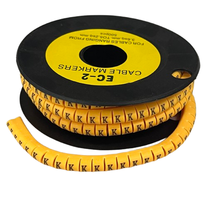 Grippes spool of Cable Marker Yellow - K spiral cable ID markers showing repeated K letters