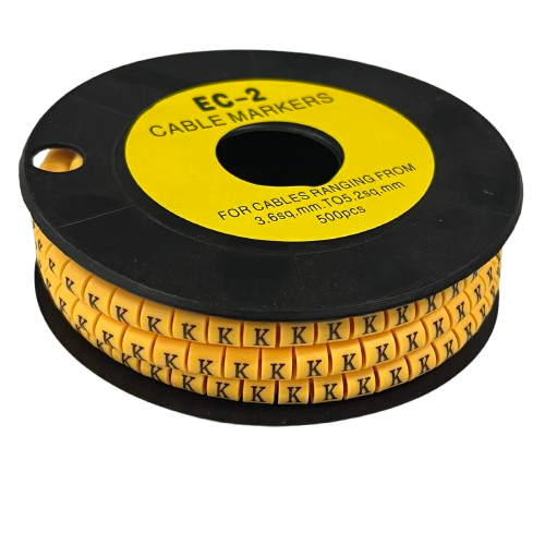 Grippes Cable Marker Yellow - K. spool of yellow plastic letter K cable markers for wire labeling and organization