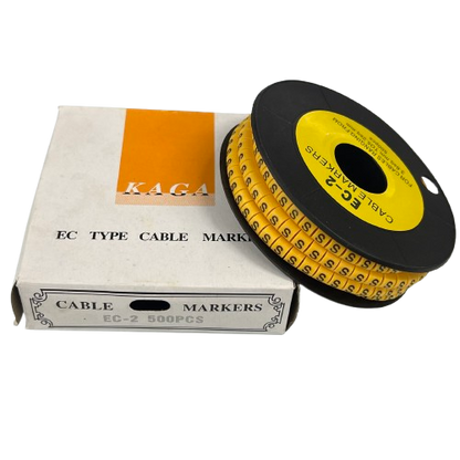 Grippes cable management spool with Cable Marker Yellow - S labels on reel and box for wire identification