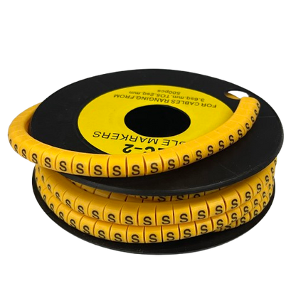 Grippes Cable Marker Yellow - S spool of yellow spiral cable markers with repeated S labels for cable management