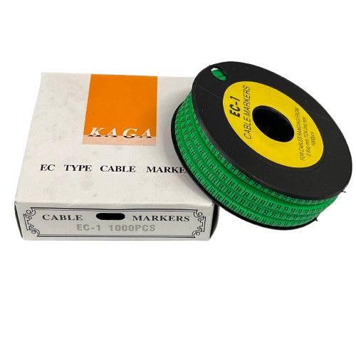 Grippes spool of green cable markers beside box "H" Marker EC-1 Green 2.6mm to 4.2mm for wire labeling