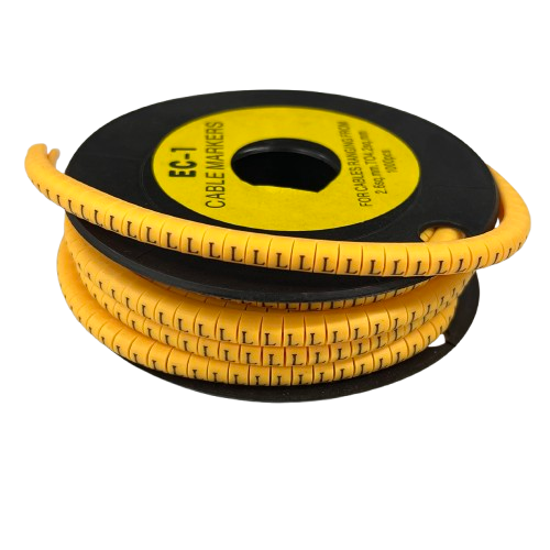 L Marker 2.6mm to 4.2mm yellow cable management wrap on black spool for organizing cables