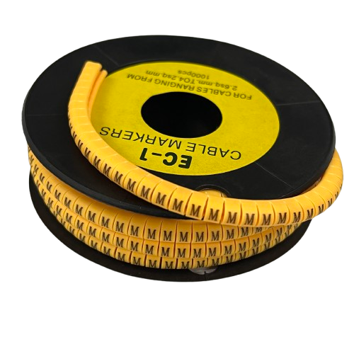China made M Marker 2.6mm to 4.2mm cable management markers on a black spool