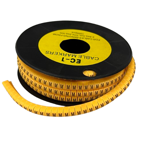 Yellow cable management marker roll labeled M Marker 2.6mm to 4.2mm for wire identification