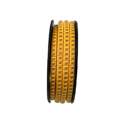 Coiled yellow cable management strip with multiple N Marker 2.6mm to 4.2mm labels on black spool