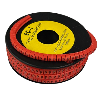 Grippes P Marker Red 2.6mm to 4.2mm 1000pc cable markers on a black spool for cable management