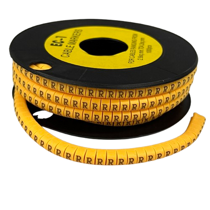 R Marker 2.6mm to 4.2mm yellow cable management marker on black spool for wire organization