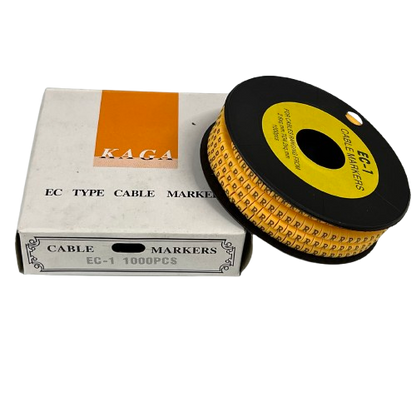 R Marker 2.6mm to 4.2mm yellow cable markers on black spool with white packaging box