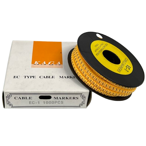 S Marker 2.6mm to 4.2mm cable management markers on black spool with white and orange box from China vendor