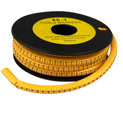 T Marker 2.6mm to 4.2mm cable management markers in yellow on a black spool for organizing cables