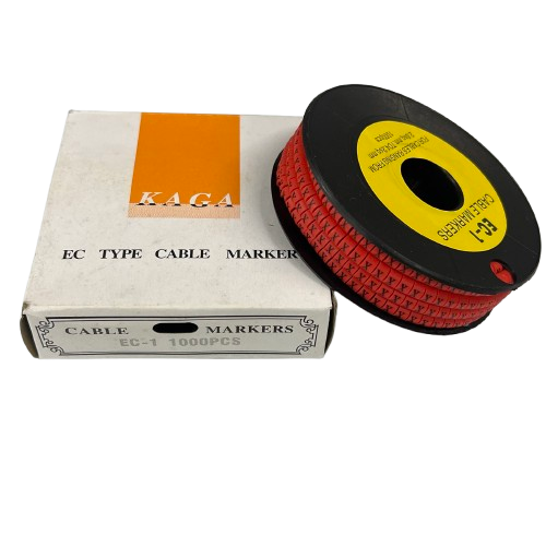 Grippes X Marker Red 2.6mm to 4.2mm 1000pcs cable management markers on a black spool next to white and orange labeled box