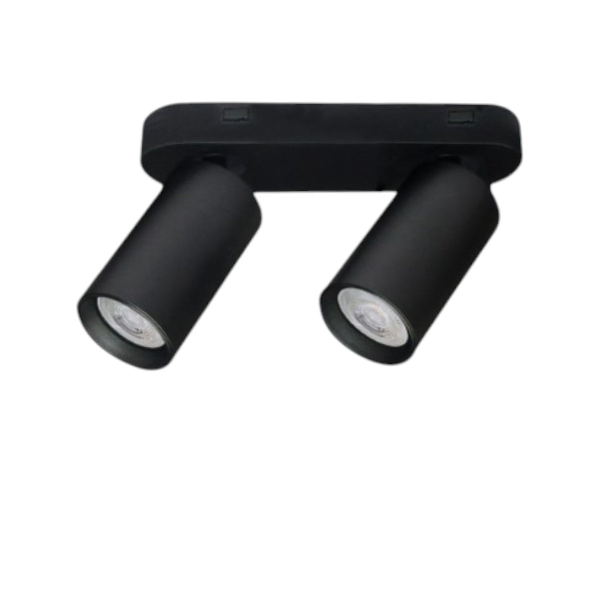 A black two-light track spotlight fixture with adjustable cylindrical heads, shown against a plain white background.