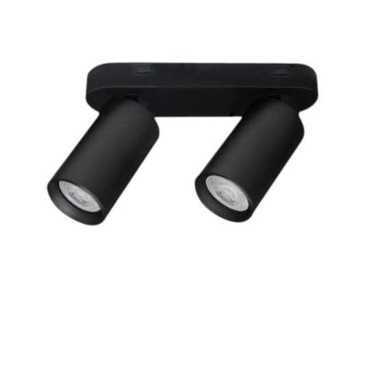 A black two-light track spotlight fixture with adjustable cylindrical heads, shown against a plain white background.