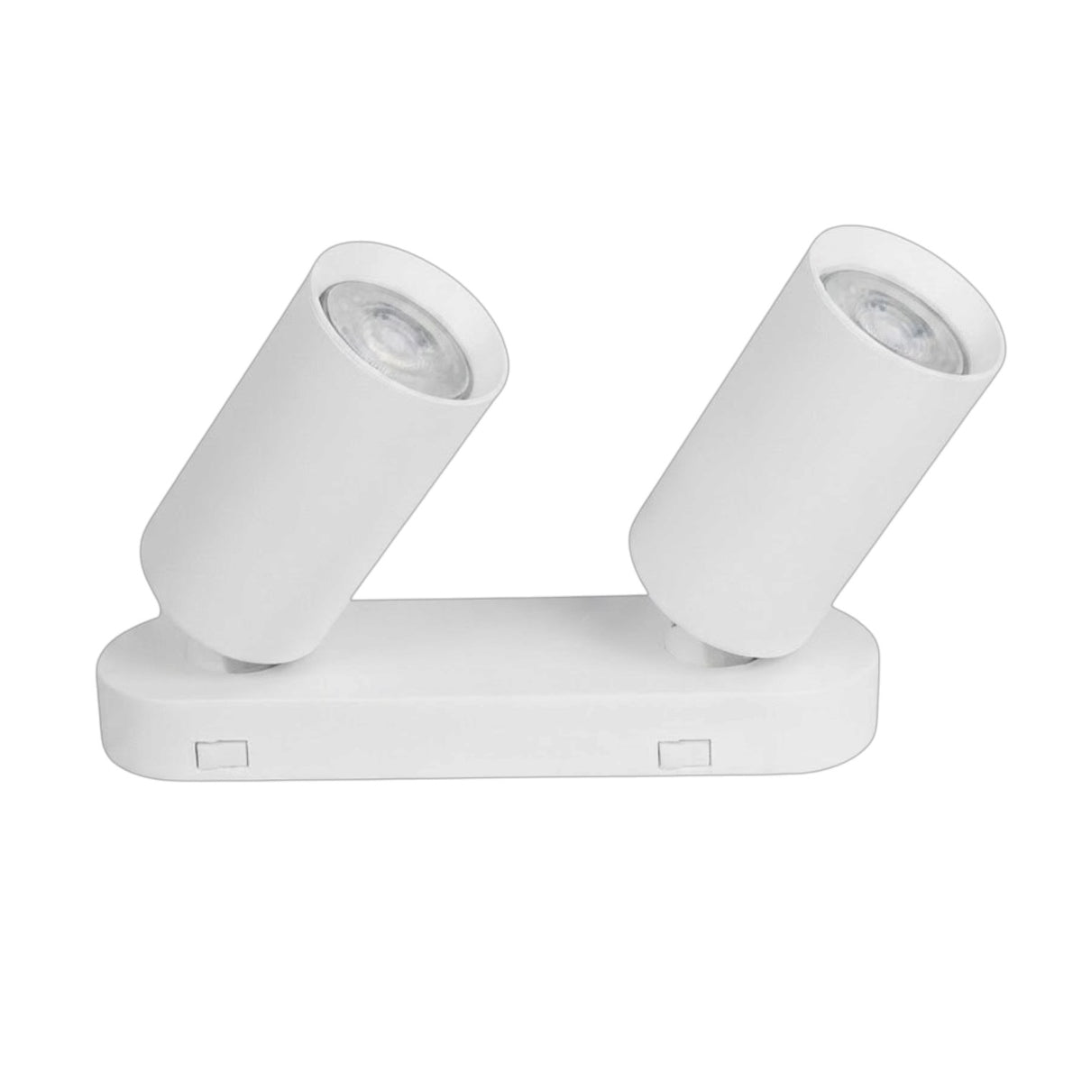 A white double-head spotlight fixture with two adjustable cylindrical heads on a rectangular base, shown against a plain white background.