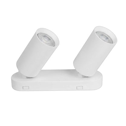 A white double-head spotlight fixture with two adjustable cylindrical heads on a rectangular base, shown against a plain white background.