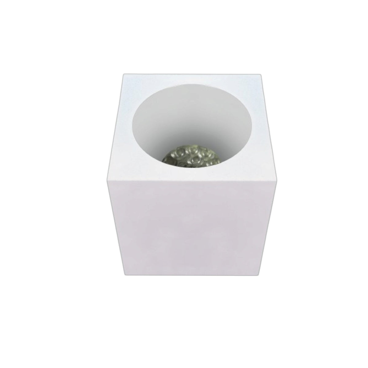 A modern square white pedestal planter with a circular recess containing small green decorative stones, shown from a top-down perspective on a white background.