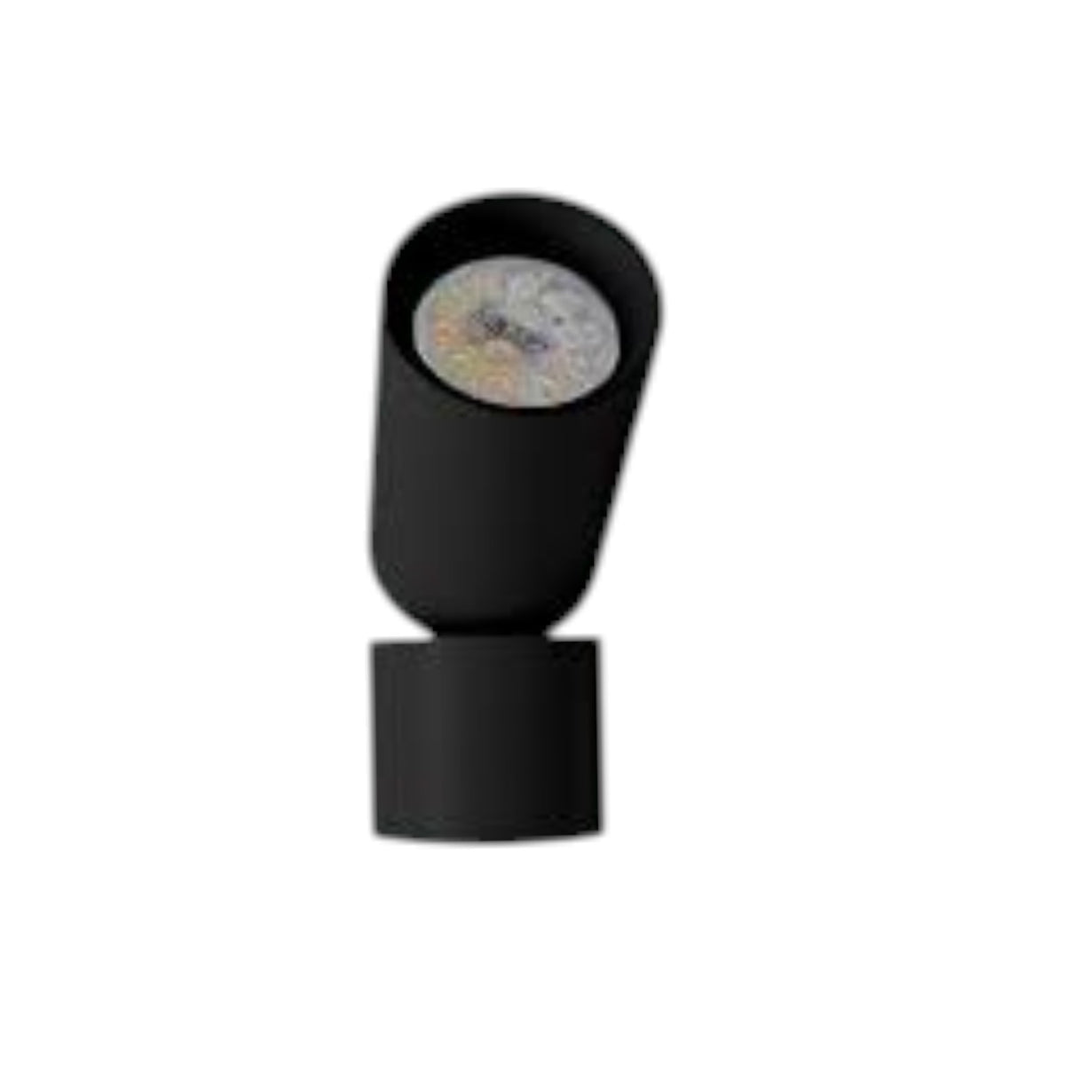 A modern black outdoor wall light fixture with a tapered cylindrical body and a circular lens, shown against a plain white background.