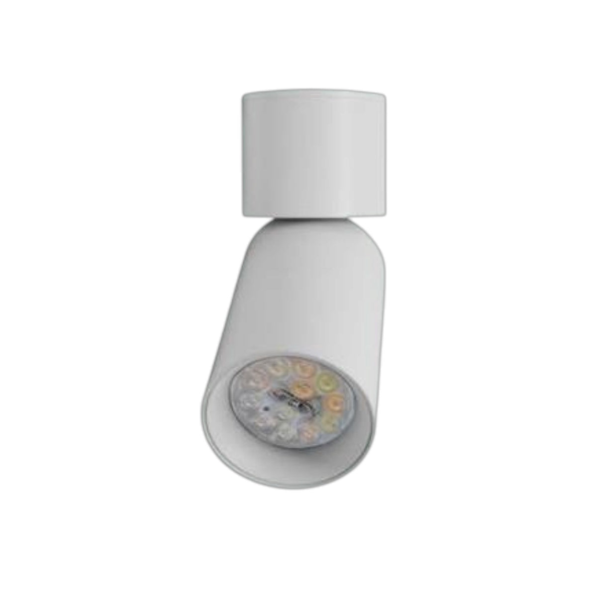 A modern white LED track light with a cylindrical head and a circular light source containing multiple colored LED chips, shown against a plain white background.