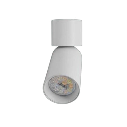 A modern white LED track light with a cylindrical head and a circular light source containing multiple colored LED chips, shown against a plain white background.