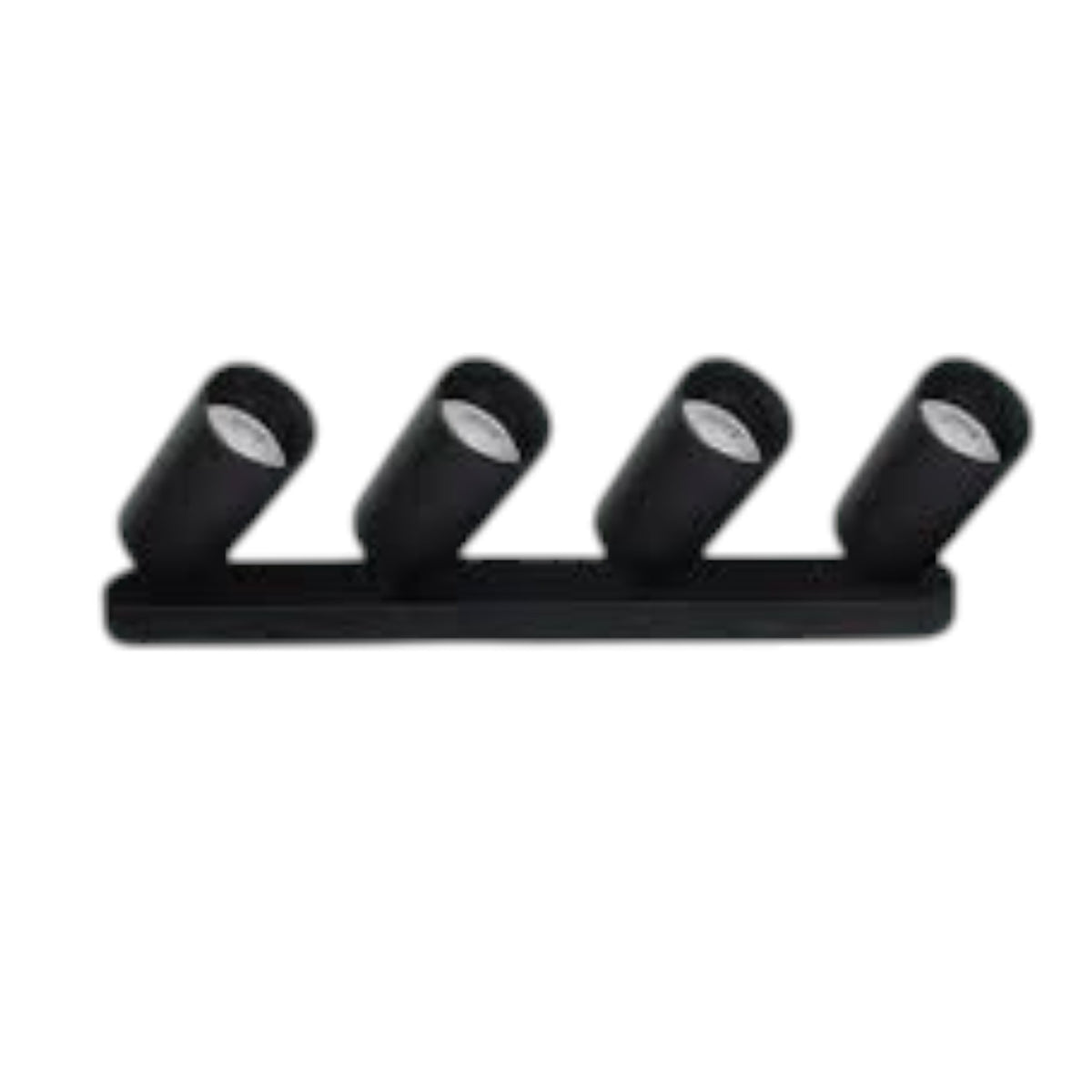 A four-light linear wall sconce in matte black, featuring four adjustable cylindrical spotlight heads mounted on a single horizontal bar, shown against a plain white background.