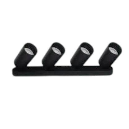 A four-light linear wall sconce in matte black, featuring four adjustable cylindrical spotlight heads mounted on a single horizontal bar, shown against a plain white background.