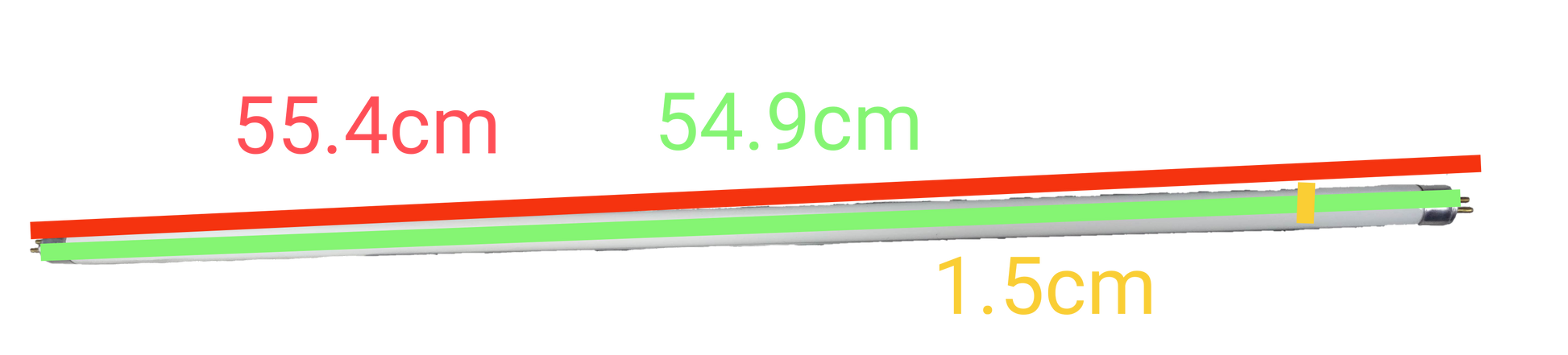 Orbik and Starlux green T5 fluorescent lighting 14W tubes with labeled lengths 55.4cm 54.9cm and 1.5cm gap