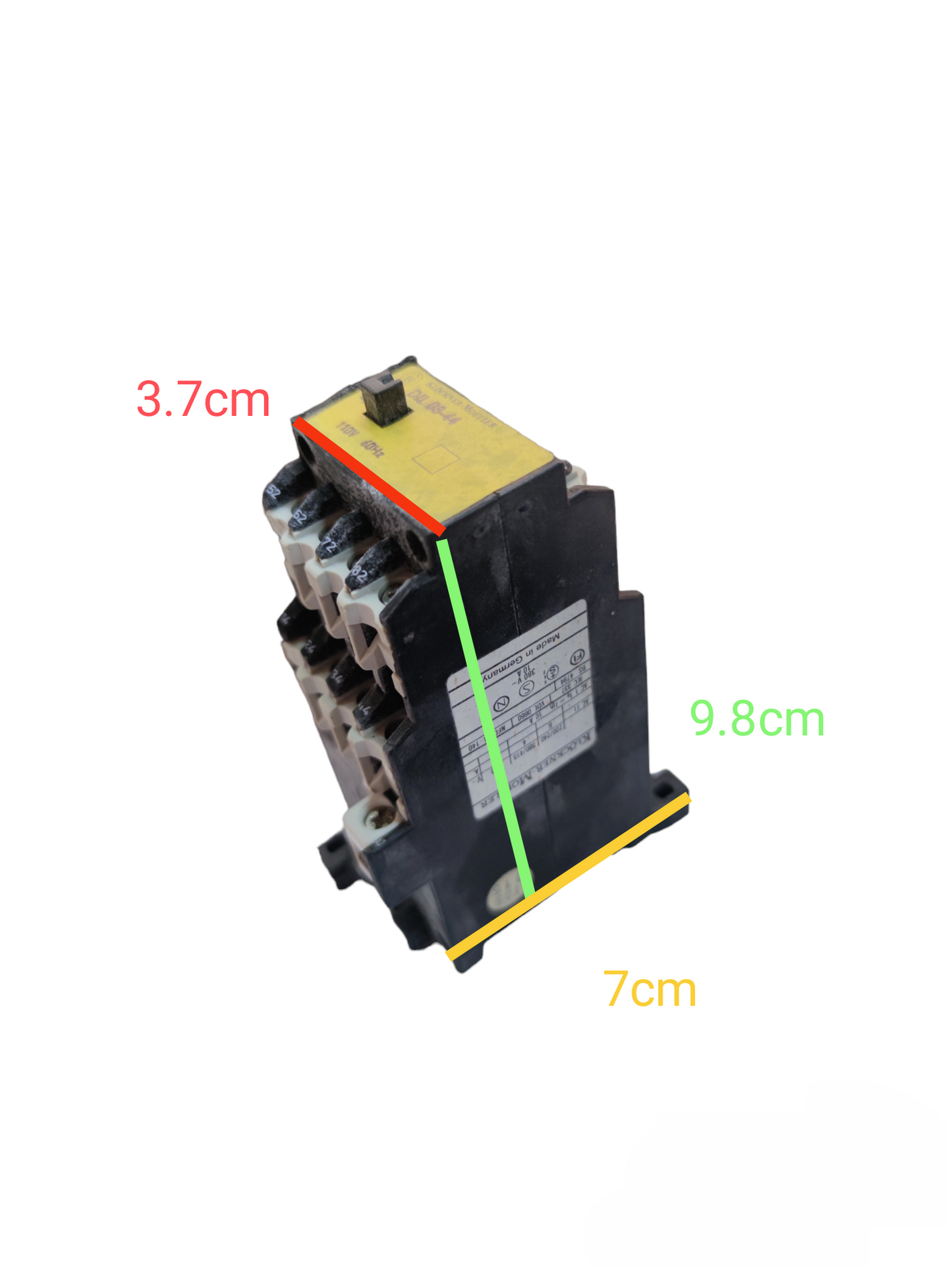 Klockner Moeller magnetic contactor 10A with black casing and visible dimensions