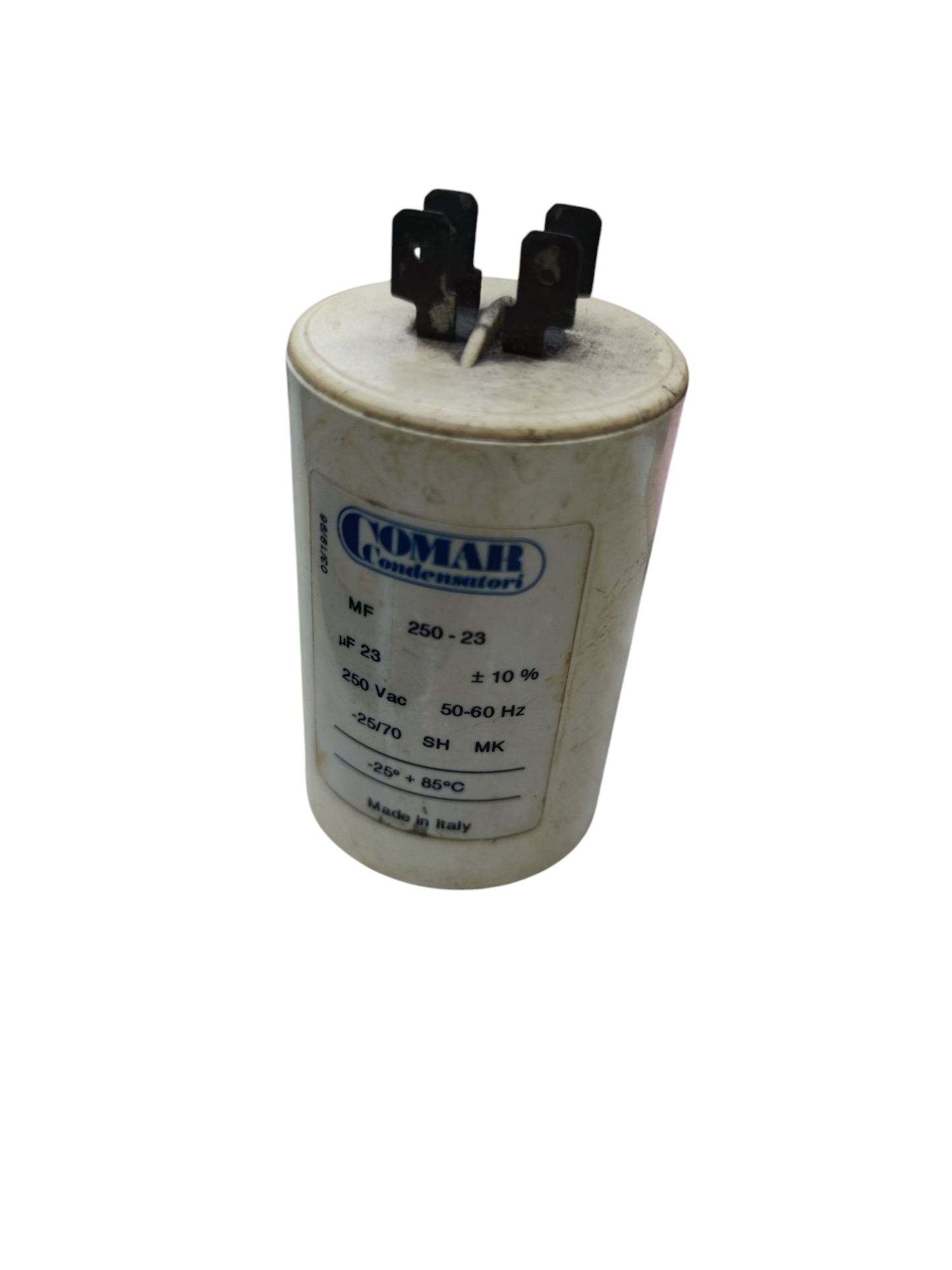 Comar 23uF 250VAC Running Capacitor white cylindrical electrical component with two terminals